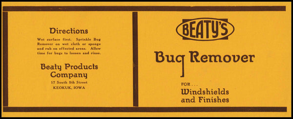 Vintage label BEATYS BUG REMOVER for car windshields Keokuk Iowa unused n-mint+