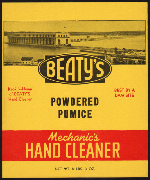 Vintage label BEATYS MECHANICS HAND CLEANER Keokuk Iowa Lock and Dam 19 n-mint+