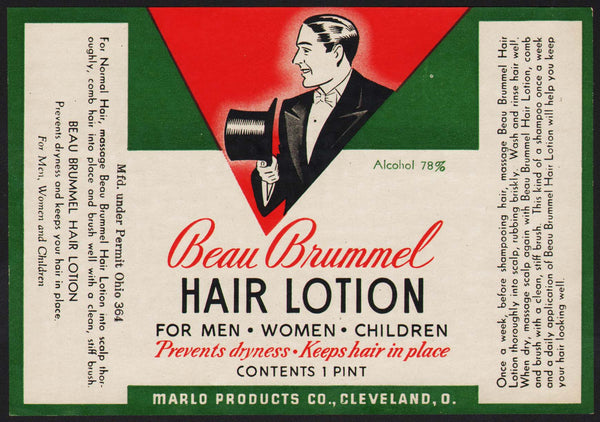 Vintage label BEAU BRUMMEL HAIR LOTION man pictured Marlo Cleveland Ohio unused n-mint