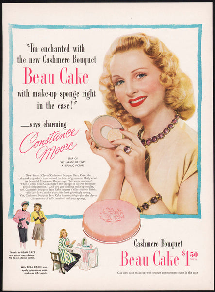 Vintage magazine ad CASHMERE BOUQUET BEAU CAKE from 1947 Constance Moore pictured