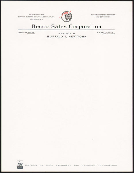 Vintage letterhead BECCO SALES CORPORATION Chemicals Buerk Bretschger Buffalo NY
