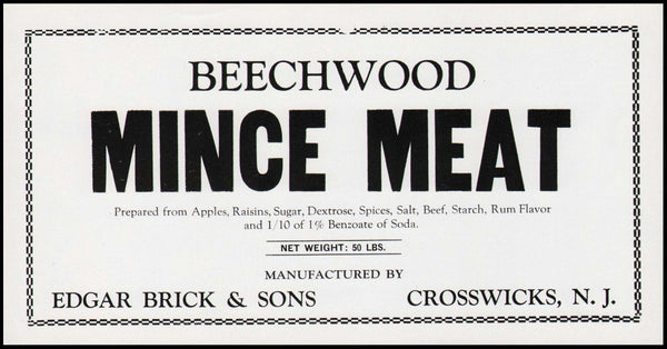 Vintage label BEECHWOOD MINCE MEAT Edgar Brick Crosswicks New Jersey n-mint+