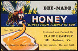 Vintage label BEE MADE HONEY 1lb size bee pictured Claude Ramsey Mt Jackson VA