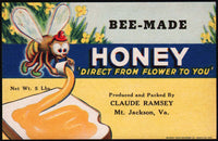 Vintage label BEE MADE HONEY 5lb size bee pictured Claude Ramsey Mt Jackson VA