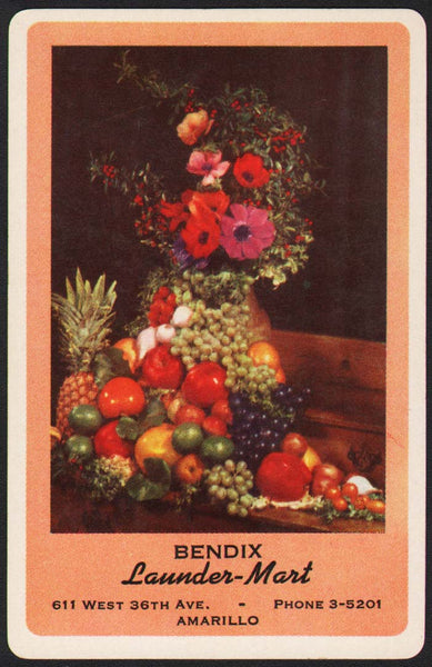 Vintage playing card BENDIX LAUNDER MART coral floral arrangement Amarillo Texas