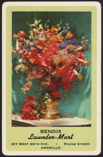 Vintage playing card BENDIX LAUNDER MART green floral arrangement Amarillo Texas