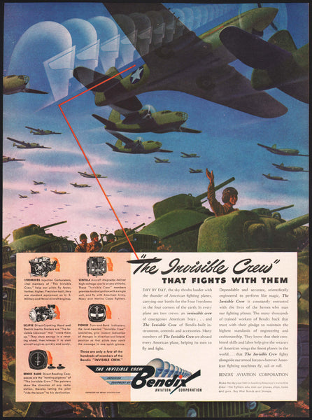 Vintage magazine ad BENDIX AVIATION 1942 picturing planes tanks Invisible Crew