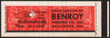 Vintage matchbook cover BENROY VENDING CO Food Service full length Baltimore MD