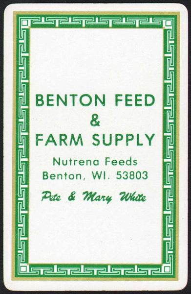 Vintage playing card BENTON FEED and FARM SUPPLY Pete and Mary White Wisconsin