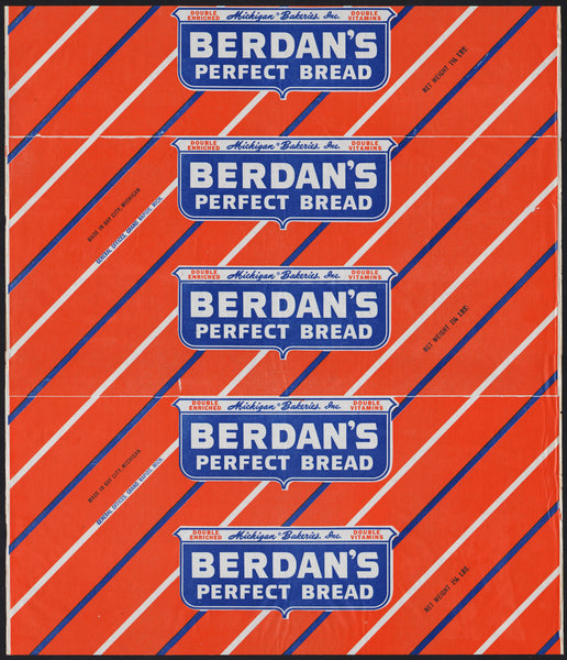 Vintage bread wrapper BERDANS Bay City Grand Rapids Michigan new old stock n-mint