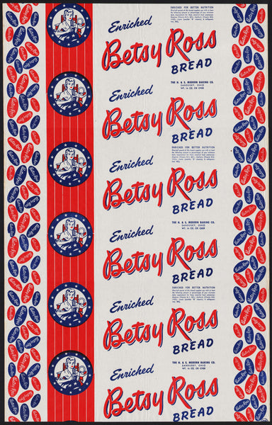 Vintage bread wrapper BETSY ROSS woman and flag pictured Sandusky Ohio unused