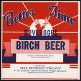 Vintage soda pop bottle label BETTER TIME BIRCH BEER 24oz Wilkes Barre Pa unused