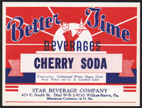 Vintage soda pop bottle label BETTER TIME CHERRY SODA Wilkes Barre Pa n-mint