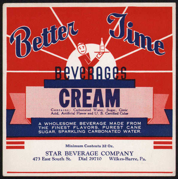 Vintage soda pop bottle label BETTER TIME CREAM 32oz Wilkes Barre Pa n-mint