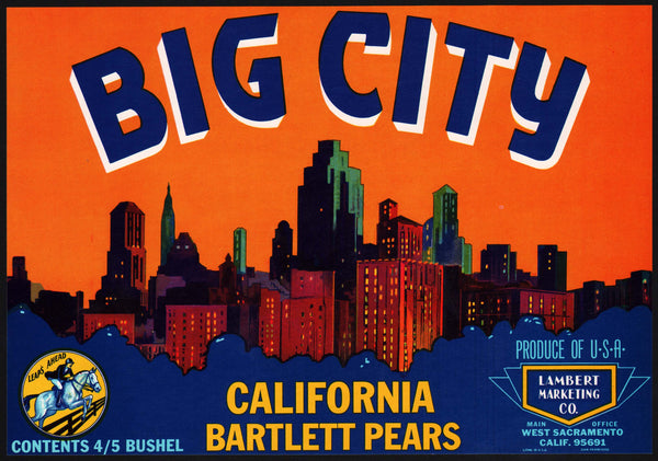 Vintage label BIG CITY CALIFORNIA BARTLETT PEARS skyline pictured Sacramento n-mint+