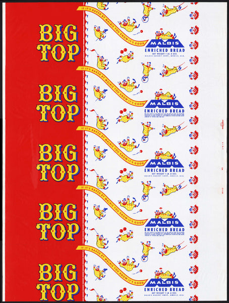 Vintage bread wrapper BIG TOP circus clowns 1960 Malbis Bakery Mobile Alabama