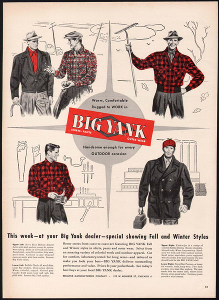 Vintage magazine ad BIG YANK SHIRTS PANTS OUTER WEAR 1947 Reliance Manufacturing