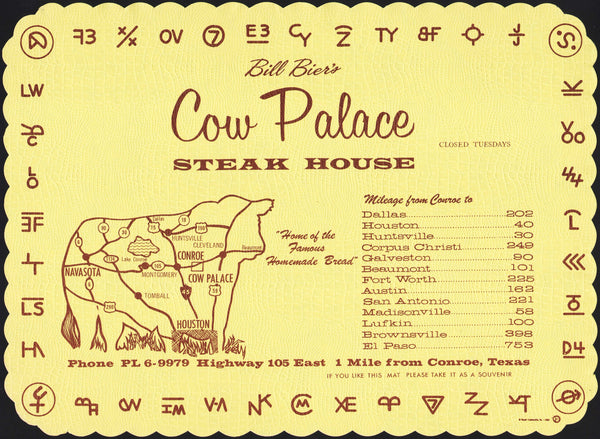 Vintage placemat BILL BIERS COW PALACE Steak House map 1964 Conroe Texas n-mint+