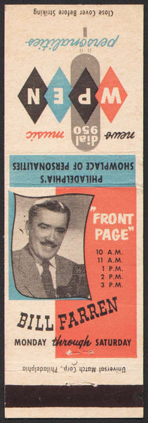 Vintage matchbook cover BILL FARREN Front Page WPEN radio Personalities bio