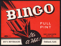 Vintage soda pop bottle label BINGO Hys Oakland California unused new old stock