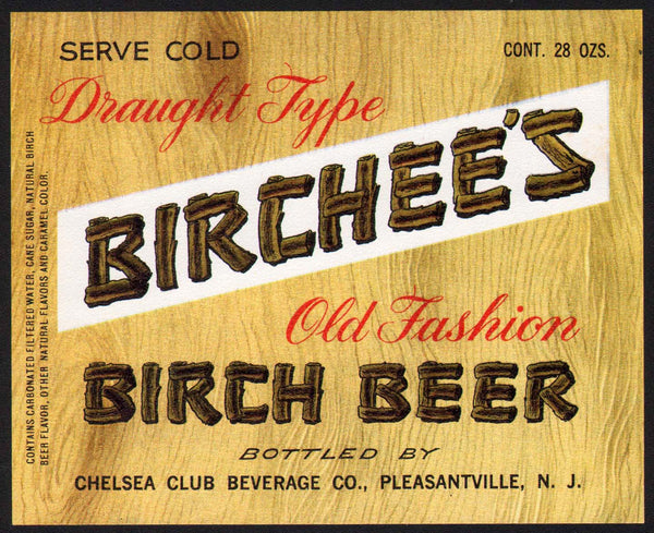 Vintage soda pop bottle label BIRCHEES BIRCH BEER Pleasantville NJ new old stock