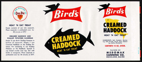 Vintage label BIRDS CREAMED HADDOCK Medomak Canning Co Rockland Maine n-mint+