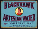 Vintage soda pop bottle label BLACKHAWK ARTESIAN WATER indian pictured Rock Island ILL