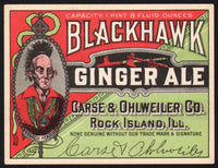 Vintage soda pop bottle label BLACKHAWK GINGER ALE 1pt 8oz indian Rock Island ILL