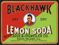 Vintage soda pop bottle label BLACKHAWK LEMON SODA indian 1pt8oz Rock Island ILL
