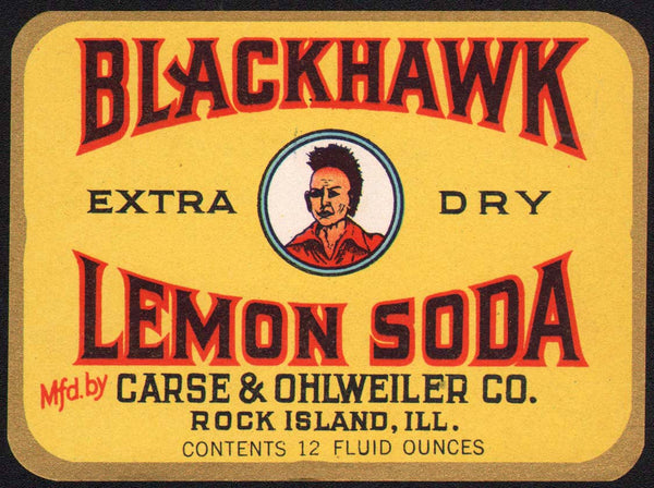 Vintage soda pop bottle label BLACKHAWK LEMON SODA indian pictured Rock Island ILL