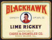 Vintage soda pop bottle label BLACKHAWK LIME RICKEY indian pictured Rock Island ILL
