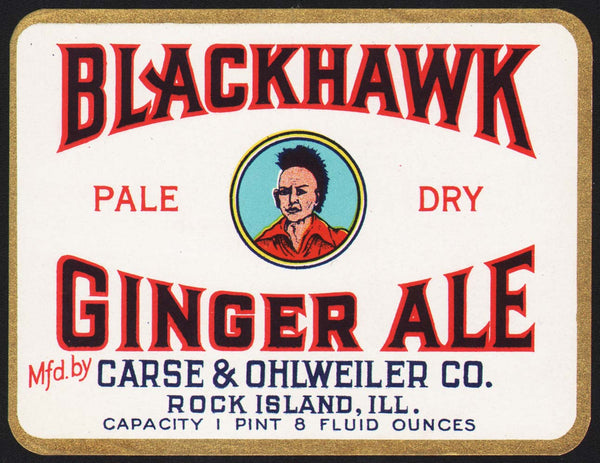 Vintage soda pop bottle label BLACKHAWK PALE DRY GINGER ALE 1pt 8oz indian pictured