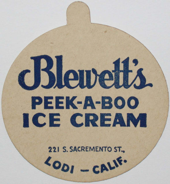 Vintage lid BLEWETTS Peek A Boo Ice Cream Lodi California new old stock n-mint