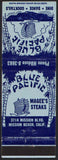 Vintage matchbook cover BLUE PACIFIC Magees Steaks ship pictured Mission Beach Calif