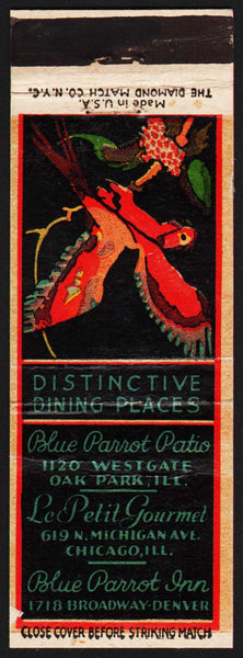 Vintage matchbook cover BLUE PARROT PATIO Inn Le Petit Gourmet bird pictured Chicago