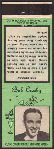 Vintage matchbook cover BOB CROSBY Diamond Match Nite Life series with bio
