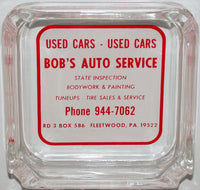 Vintage glass ashtray BOBS AUTO SERVICE Fleetwood PA unused new old stock n-mint+