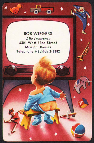 Vintage playing card BOB WIEGERS Life Insurance baby watching TV Mission Kansas