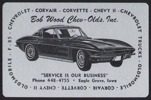 Vintage playing card BOB WOOD CHEVROLET OLDS Eagle Grove Iowa Corvette pictured