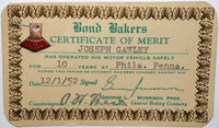 Vintage certificate of merit BOND BAKERS bread 10 Years enamel pin 1952 on card