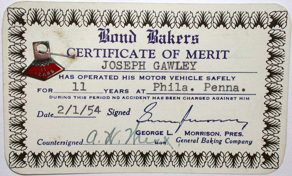 Vintage certificate of merit BOND BAKERS bread 11 Years enamel pin 1954 on card