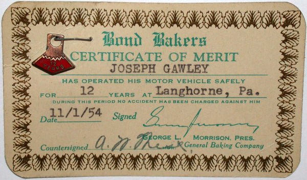Vintage certificate of merit BOND BAKERS bread 12 Years enamel pin 1954 on card