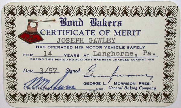 Vintage certificate of merit BOND BAKERS bread 14 Years enamel pin 1957 on card