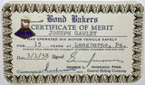 Vintage certificate of merit BOND BAKERS bread 15 Years enamel pin 1958 on card