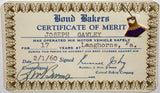 Vintage certificate of merit BOND BAKERS bread 17 Years enamel pin 1960 on card