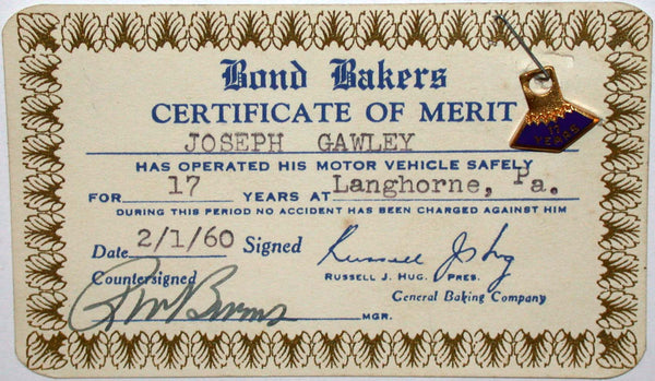 Vintage certificate of merit BOND BAKERS bread 17 Years enamel pin 1960 on card