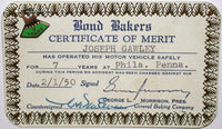 Vintage certificate of merit BOND BAKERS bread 7 Years enamel pin 1950 on card