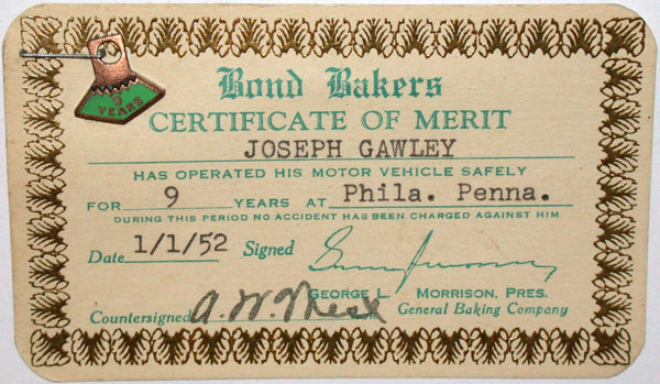 Vintage certificate of merit BOND BAKERS bread 9 Years enamel pin 1952 on card