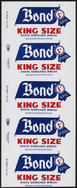 Vintage bread wrapper BOND KING SIZE Philadelphia PA unused new old stock n-mint