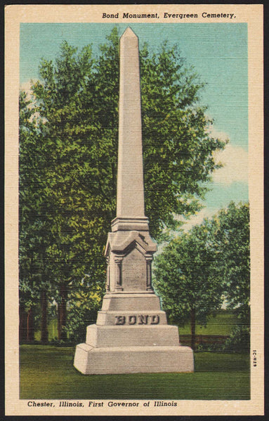 Vintage postcard BOND MONUMENT Evergreen Cemetery 1st Governor Chester Illinois